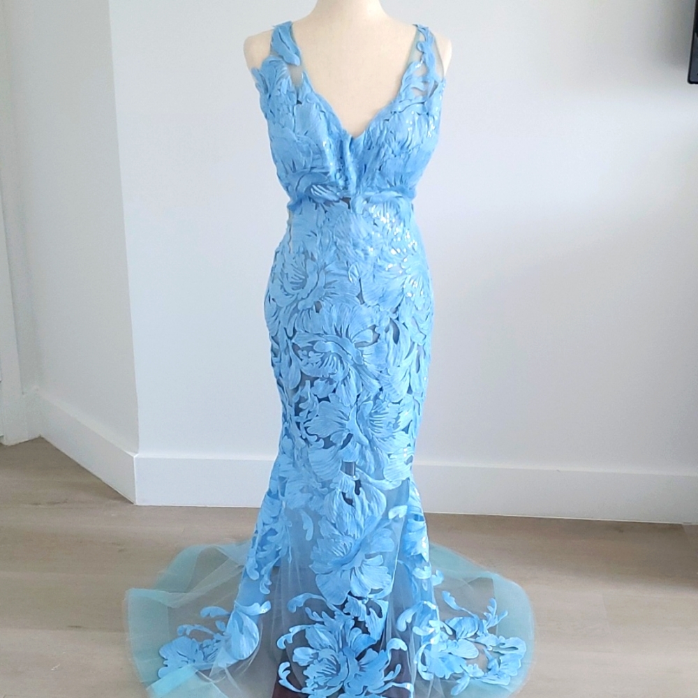 Jovani Light Blue Floral Lace Wedding Dress